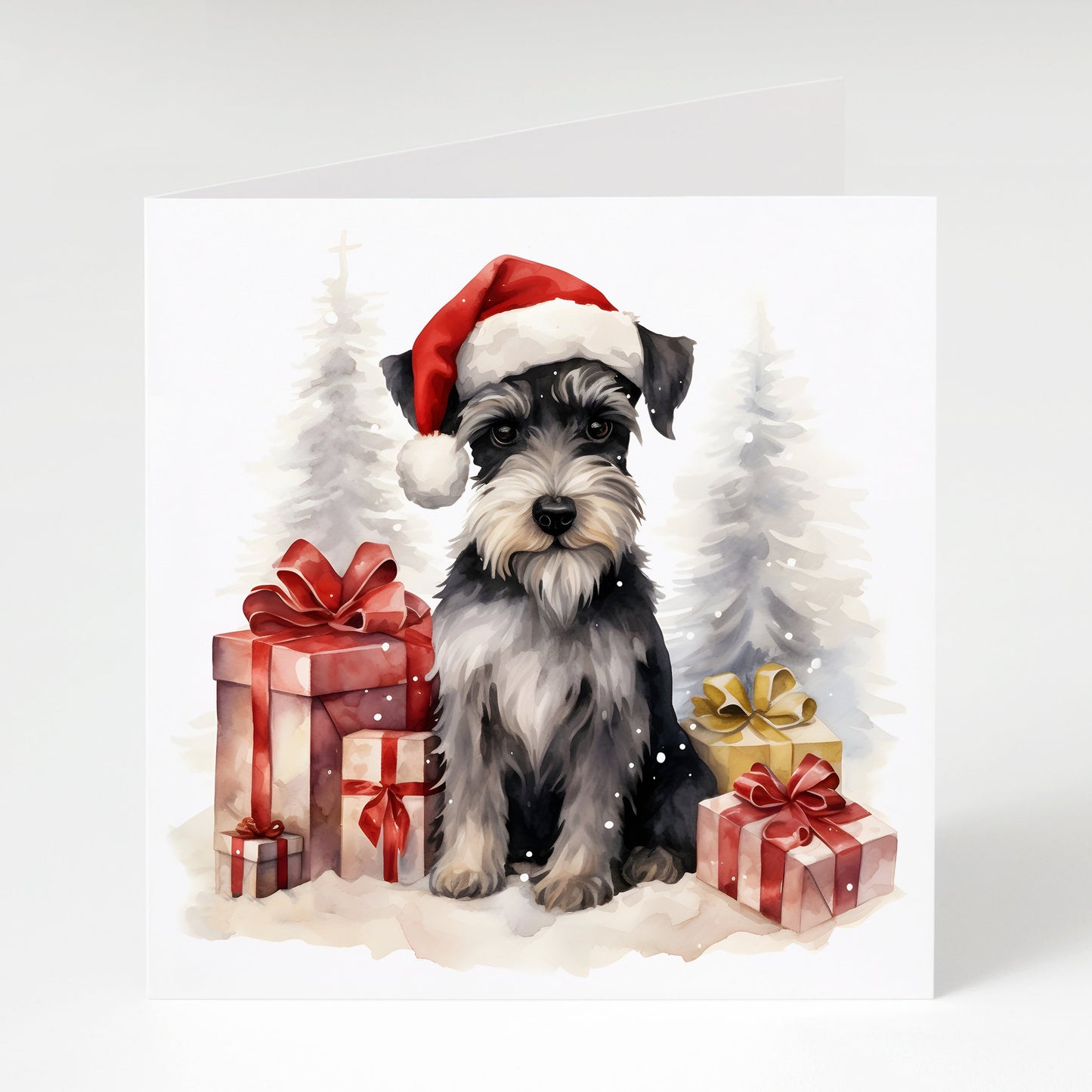 Schnauzer with Gifts Christmas Cards pack of 5, Cute Dog Xmas Cards, Miniature Schnauzer, Standard Schnauzer, Dog lover card