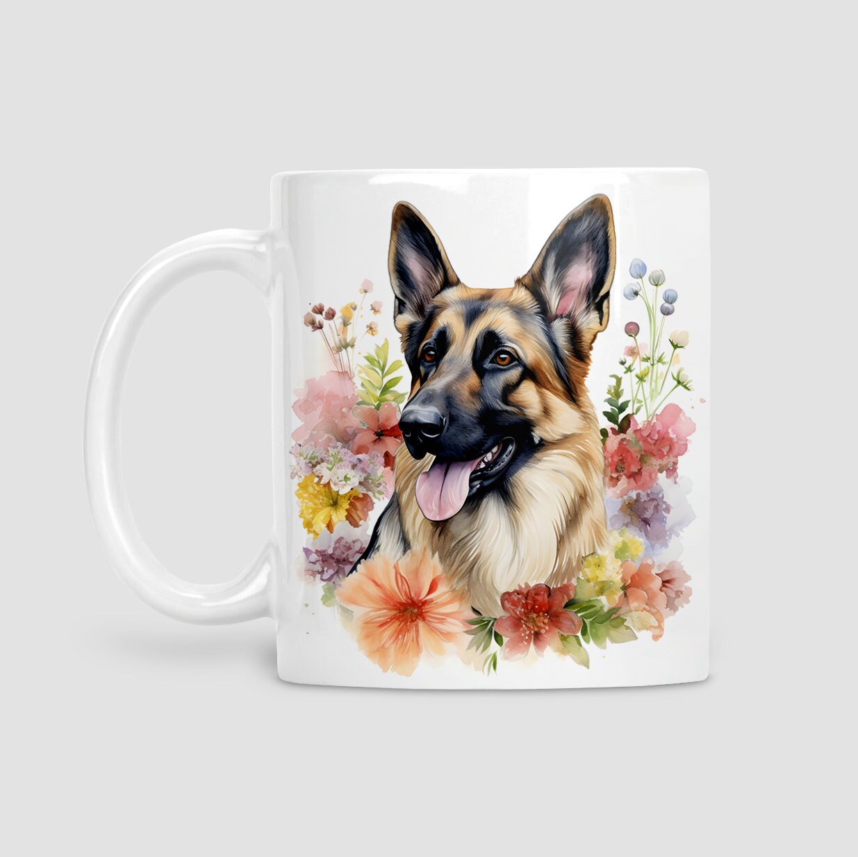 German Shepherd with flowers mug, Dog lover gift, German shepherd gift, watercolour mug, gifts, Cup, Gifts for Dog Lovers, Dog Mug