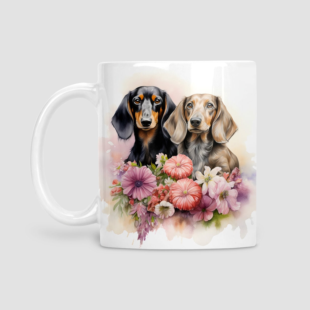 Dachsunds with flowers mug, Dachsund, Dog lover gift, Dachsund gift, watercolour mug, gifts, Cup, Gift for Mum, Dog Mum, Dog Lover Gifts