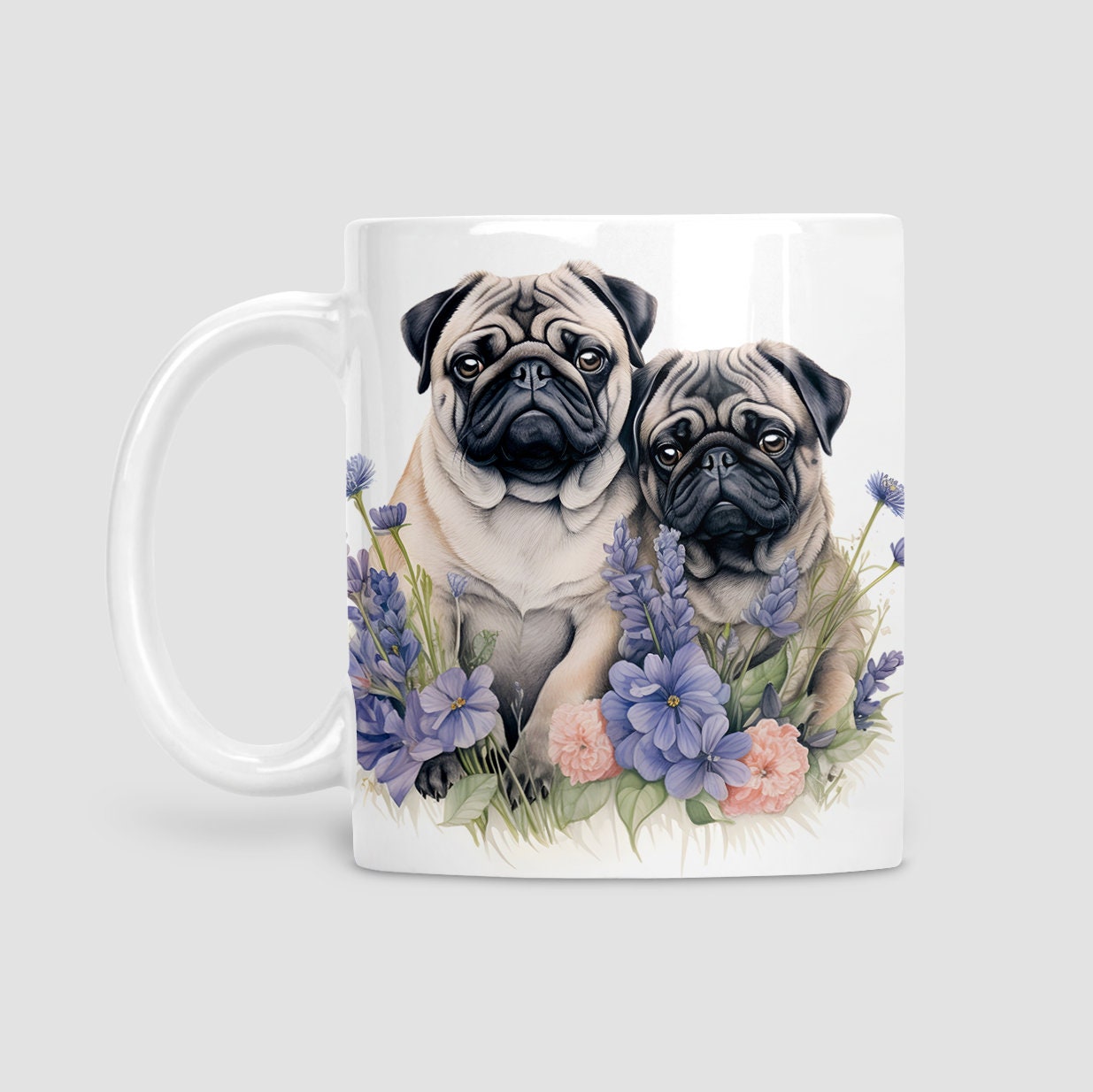 Pug with flowers mug, Pug, Dog lover gift, Pug gift, watercolour mug, gifts, Cup, Mug for Her, Mug for Him, Gifts for Dog Lovers, Pug cup