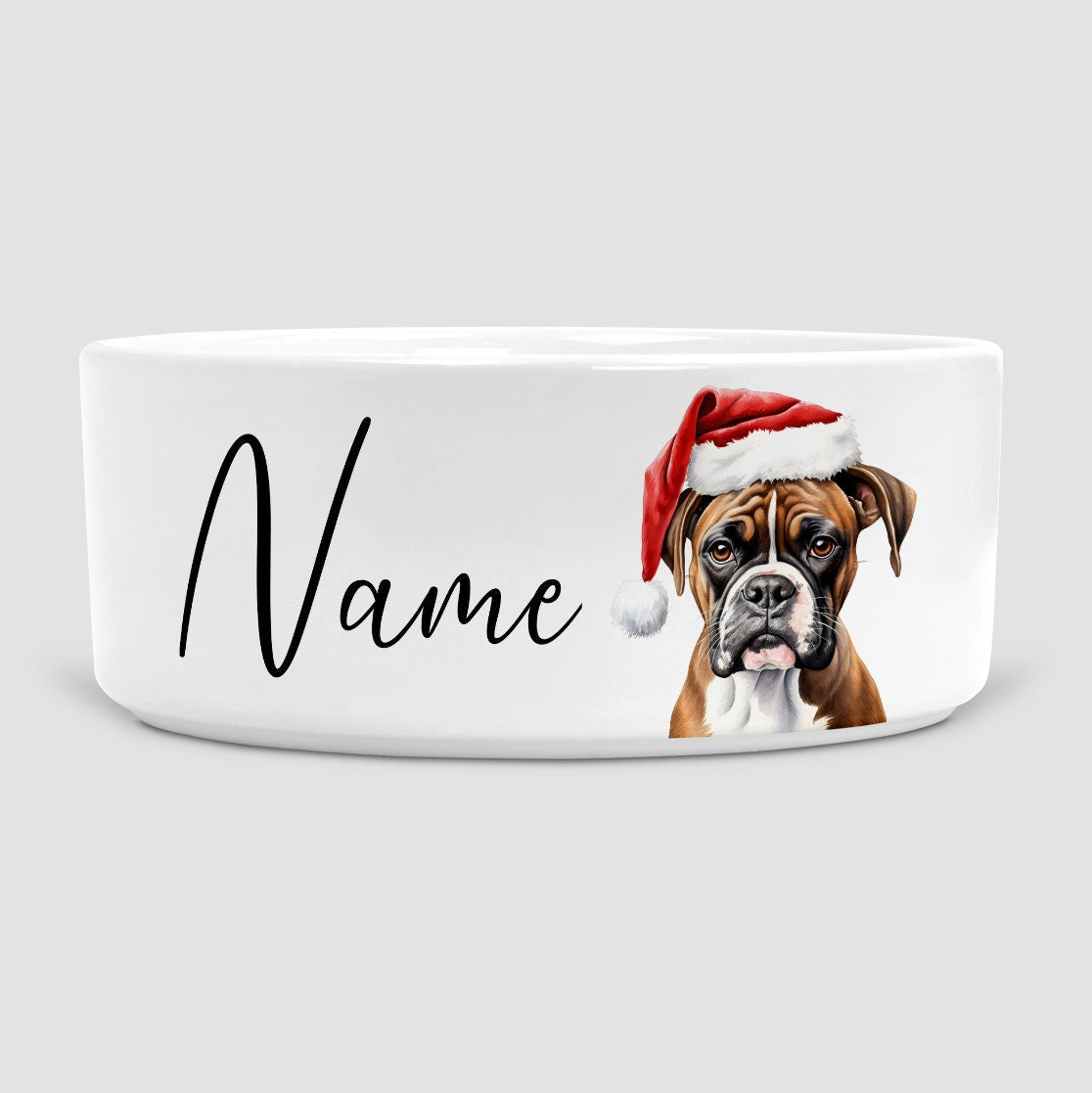 Boxer Christmas Dog Bowl, Personalise Dog's name, Dog Bowls, Ceramic Dog Bowl, Large Dog Bowl, Boxer Dog Gift