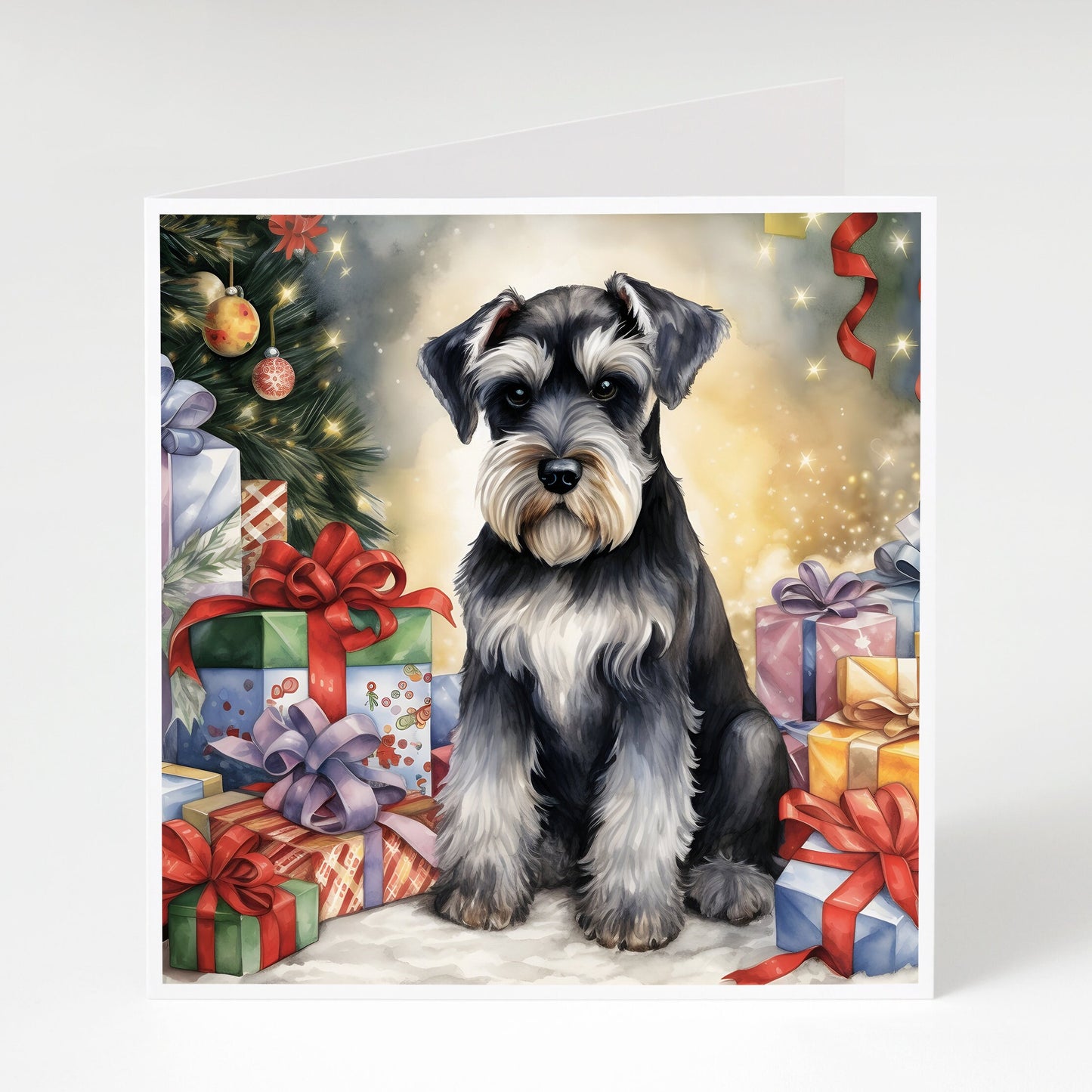Schnauzer with Gifts Christmas Cards pack of 5, Cute Dog Xmas Cards, Miniature Schnauzer, Standard Schnauzer, Dog lover card