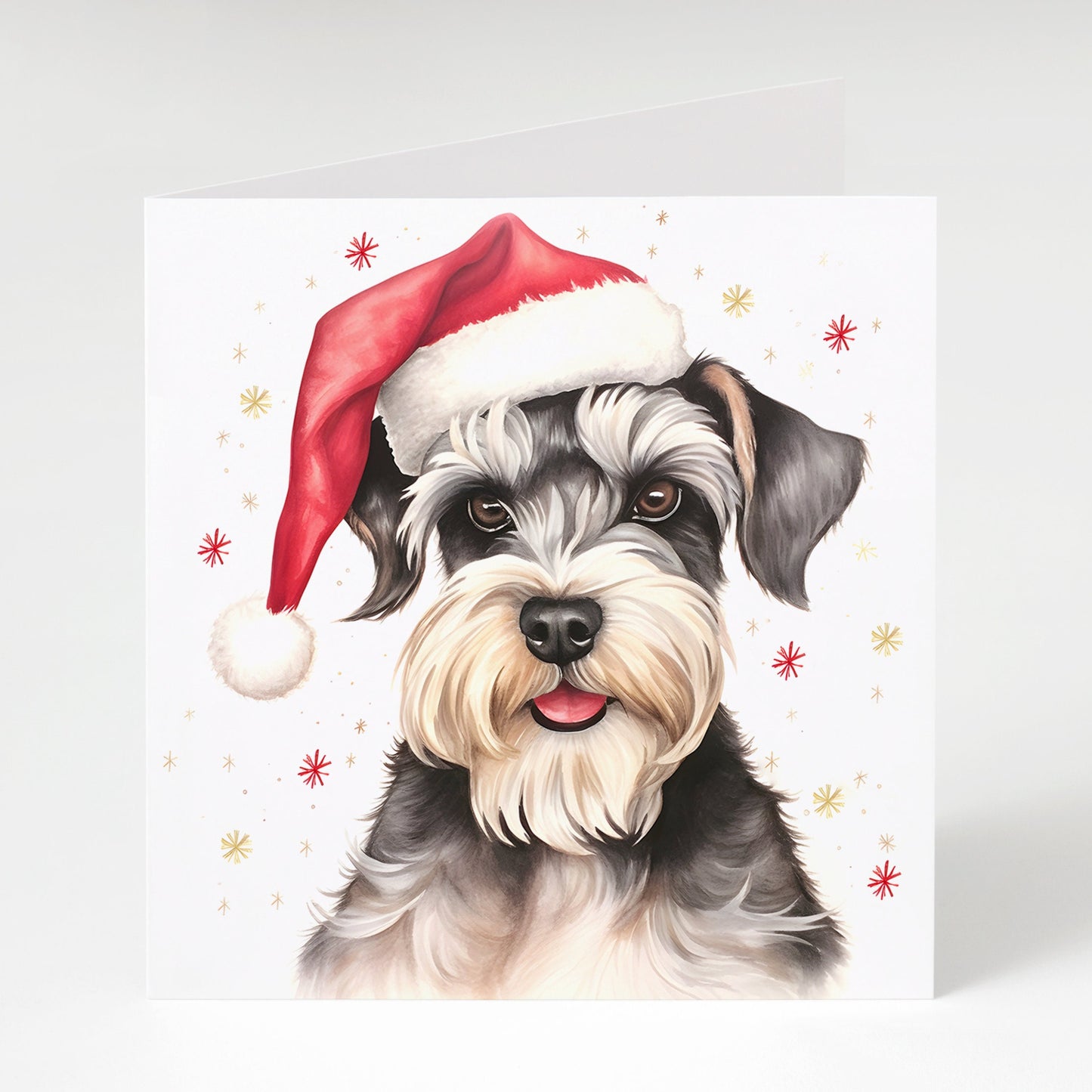 Salt and pepper miniature Schnauzer with Santa Hat Christmas Cards pack of 5 with envelops