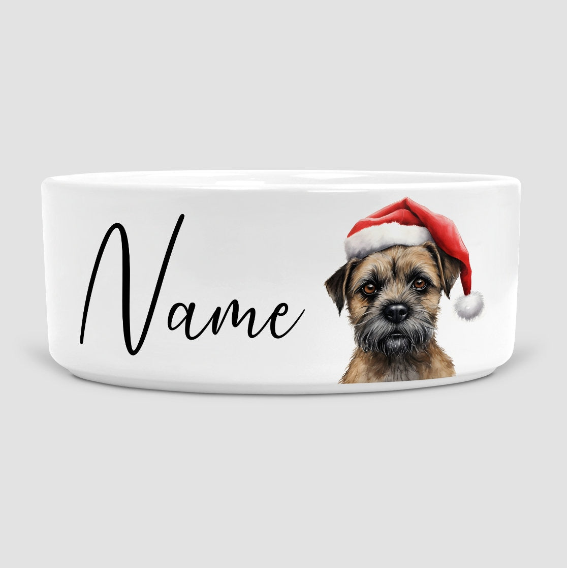 Border Terrier Christmas Dog Bowl, Personalise Dog's name, Dog Bowls, Ceramic Dog Bowl, Large Dog Bowl, Border Terrier Gift