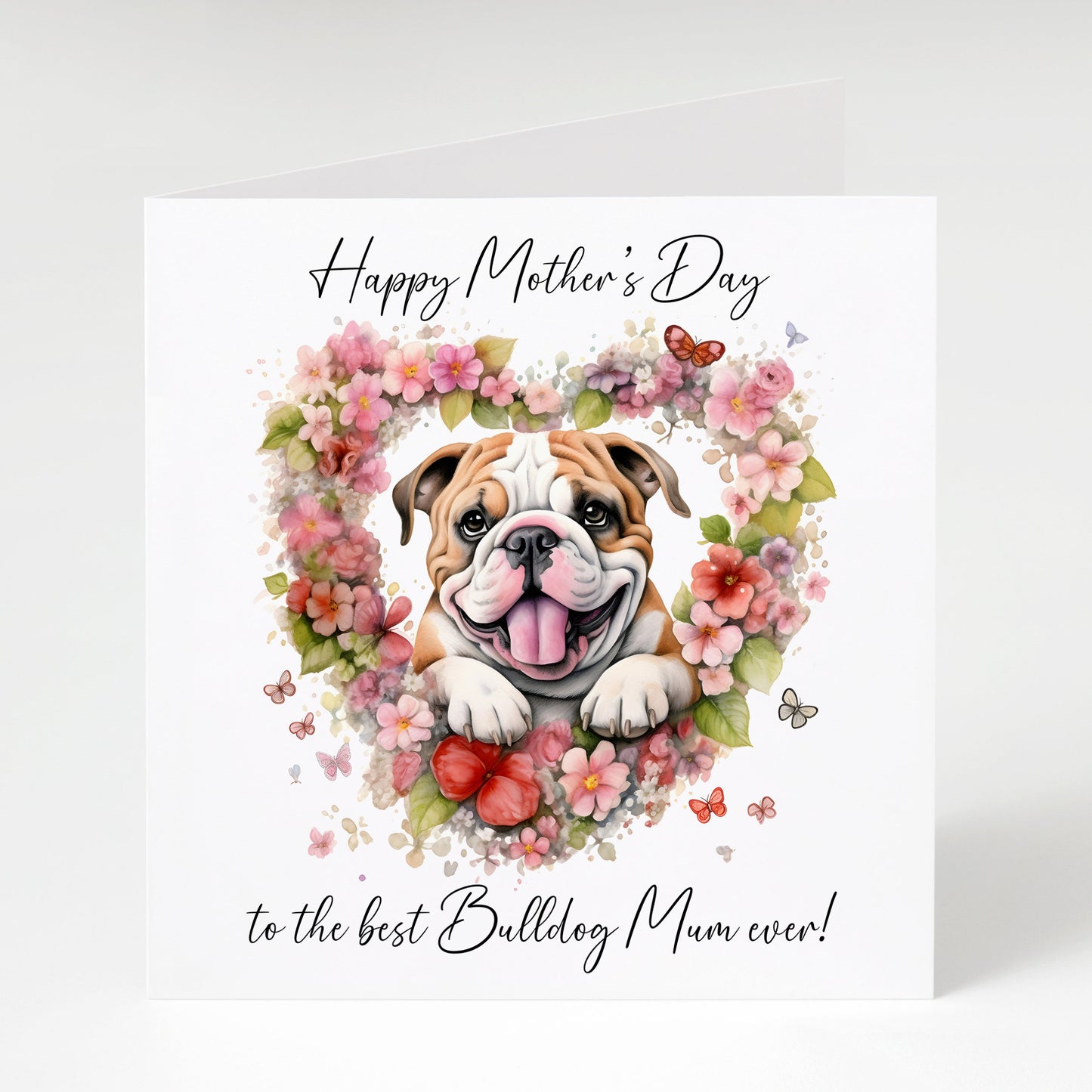 Bulldog Mother's Day card, Bulldog Mum, Bulldog with heart flowers.