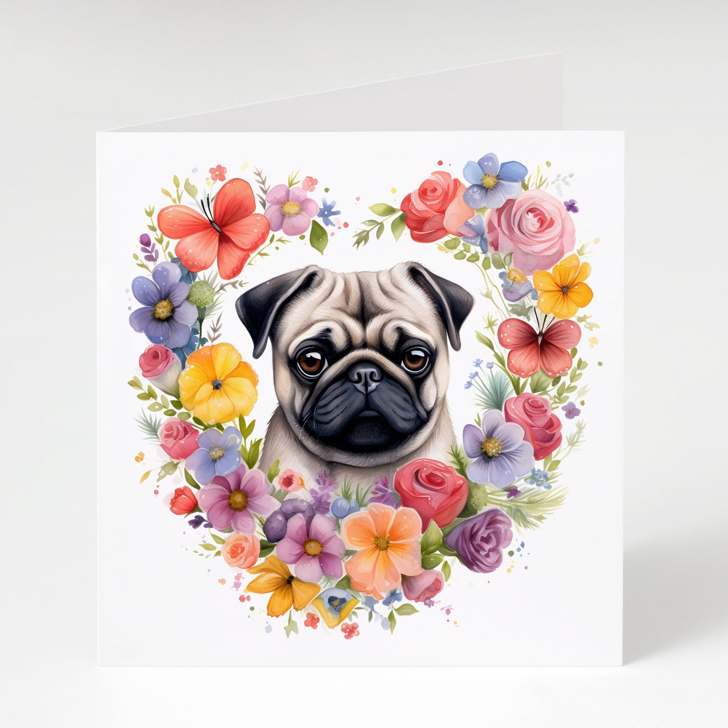 Pug Mother's Day card, Birthday card, Pug Mum, Pug with heart flowers, Blank inside so can be used for any occasion.