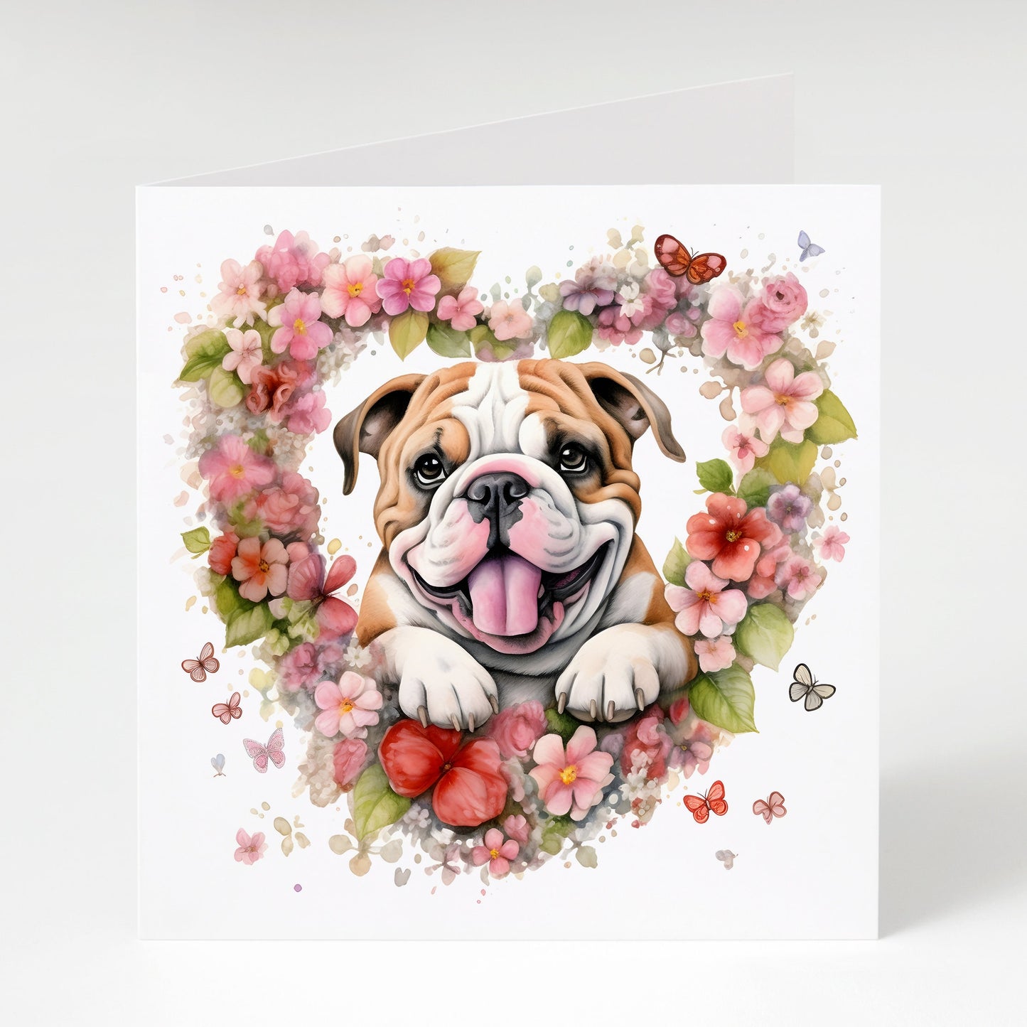Bulldog Mother's Day card, Birthday card, Bulldog Mum, Bulldog with heart flowers, Blank inside so can be used for any occasion.