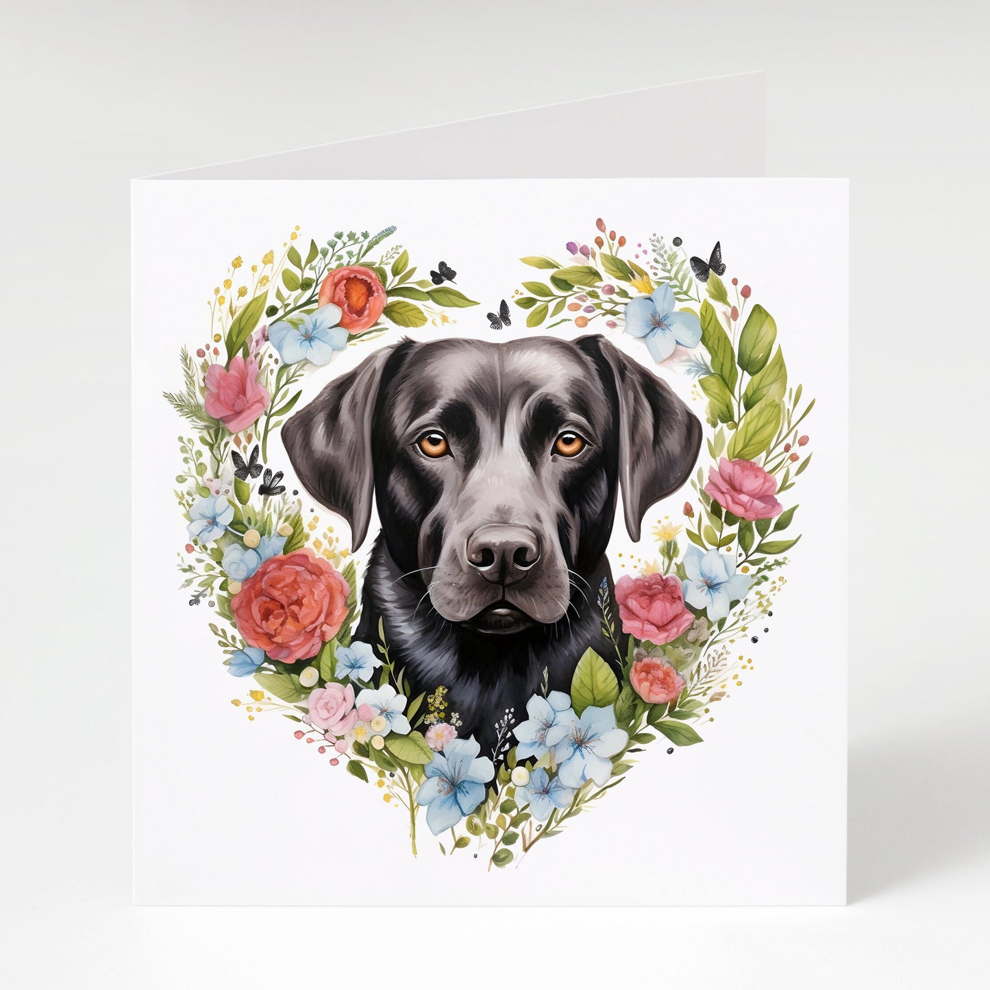 Black Labrador Card, Mother's Day card, Birthday card, Labrador Mum, Labrador with heart flowers.