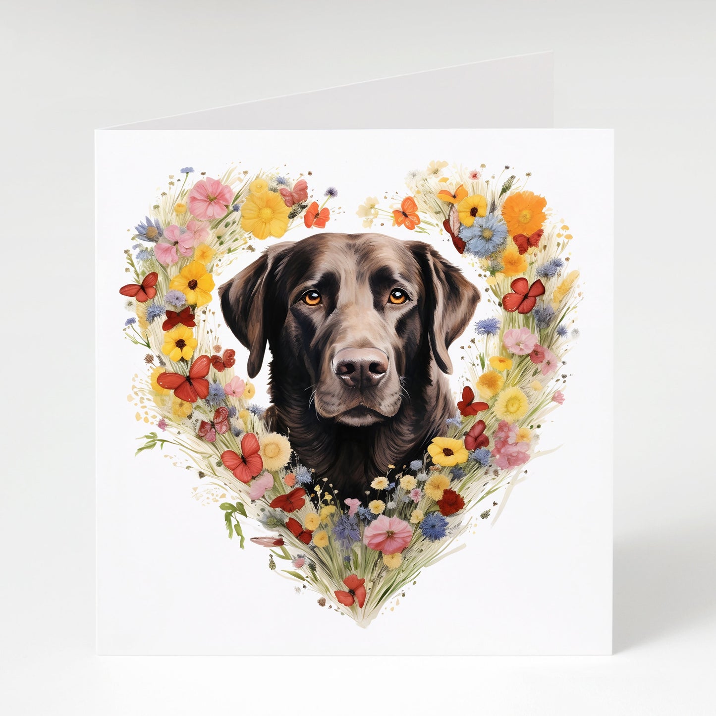 Brown Labrador Card, Mother's Day card, Birthday card, Labrador Mum, Labrador with heart flowers.