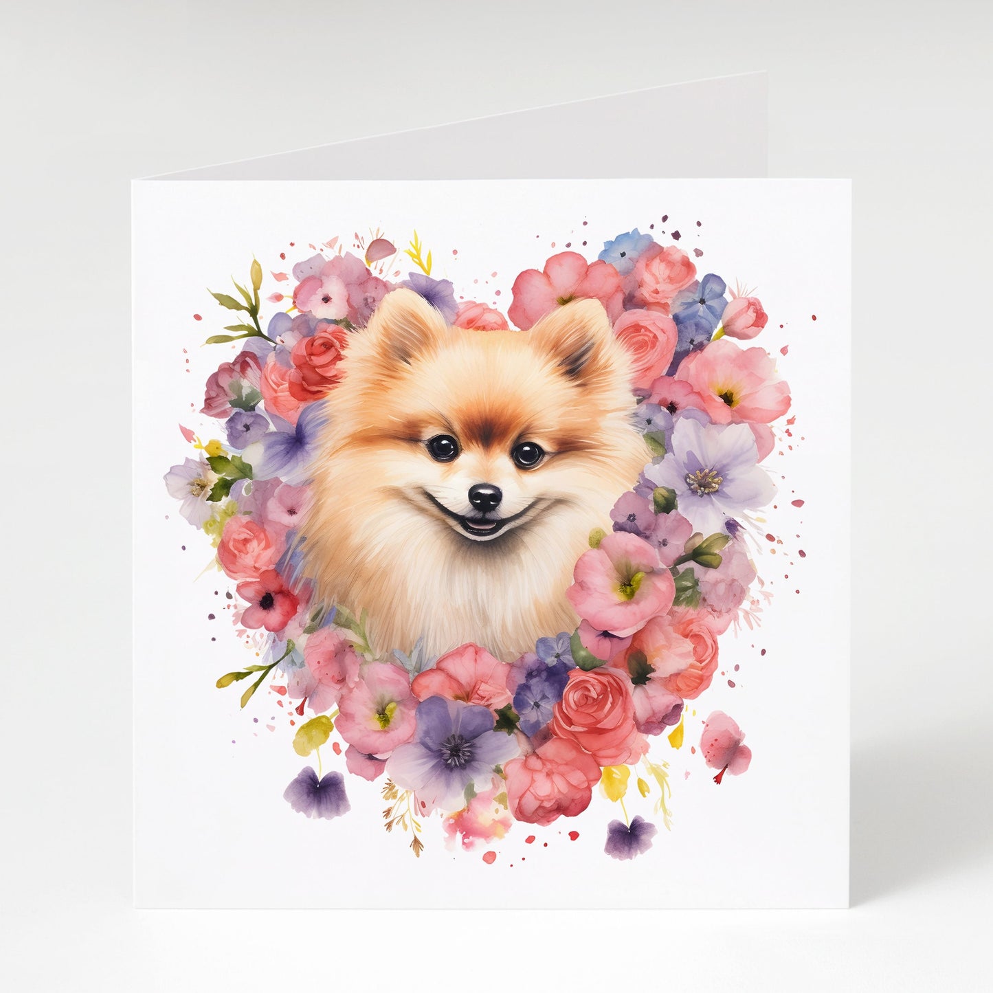 Pomeranian card, Mother's Day card, Birthday card, Pomeranian Mum, Pomeranian with heart flowers.