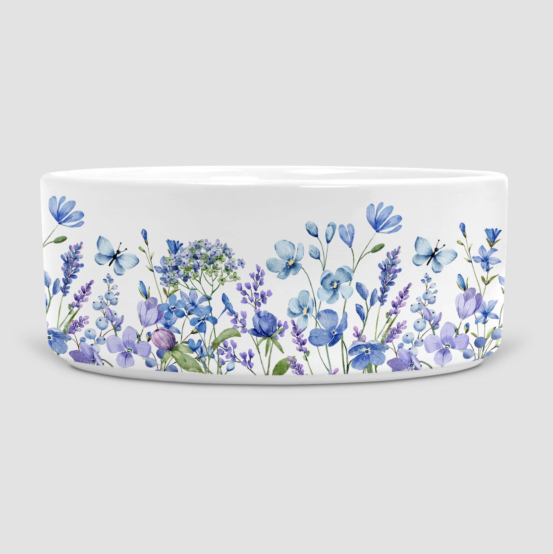 Blue and lilac flowers dog bowl, dog food bowl, dog water bowl, ceramic dog bowl, gift for dogs, gift for gardening lover, gardening