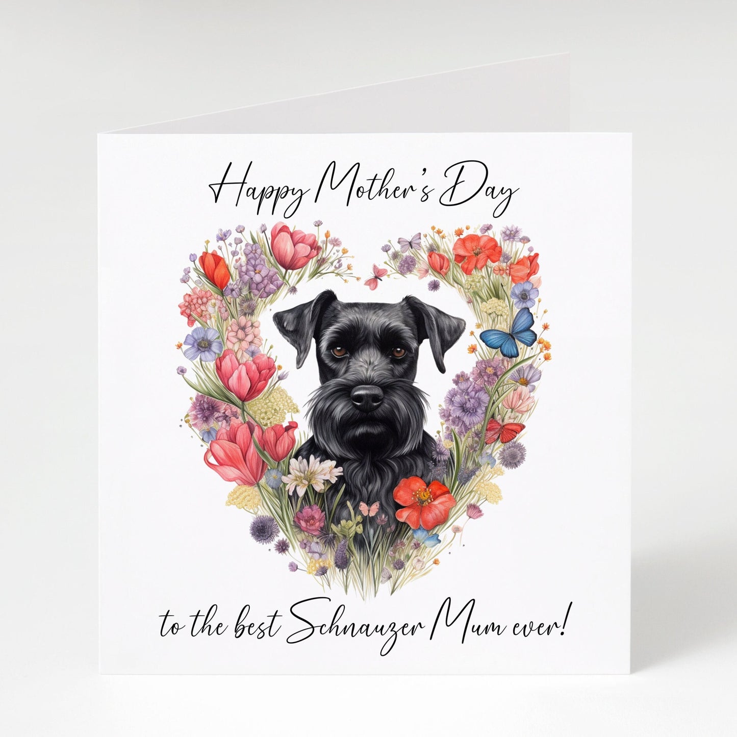 Schnauzer Mother's Day card, Schnauzer Mum, Black Schnauzer with heart flowers.