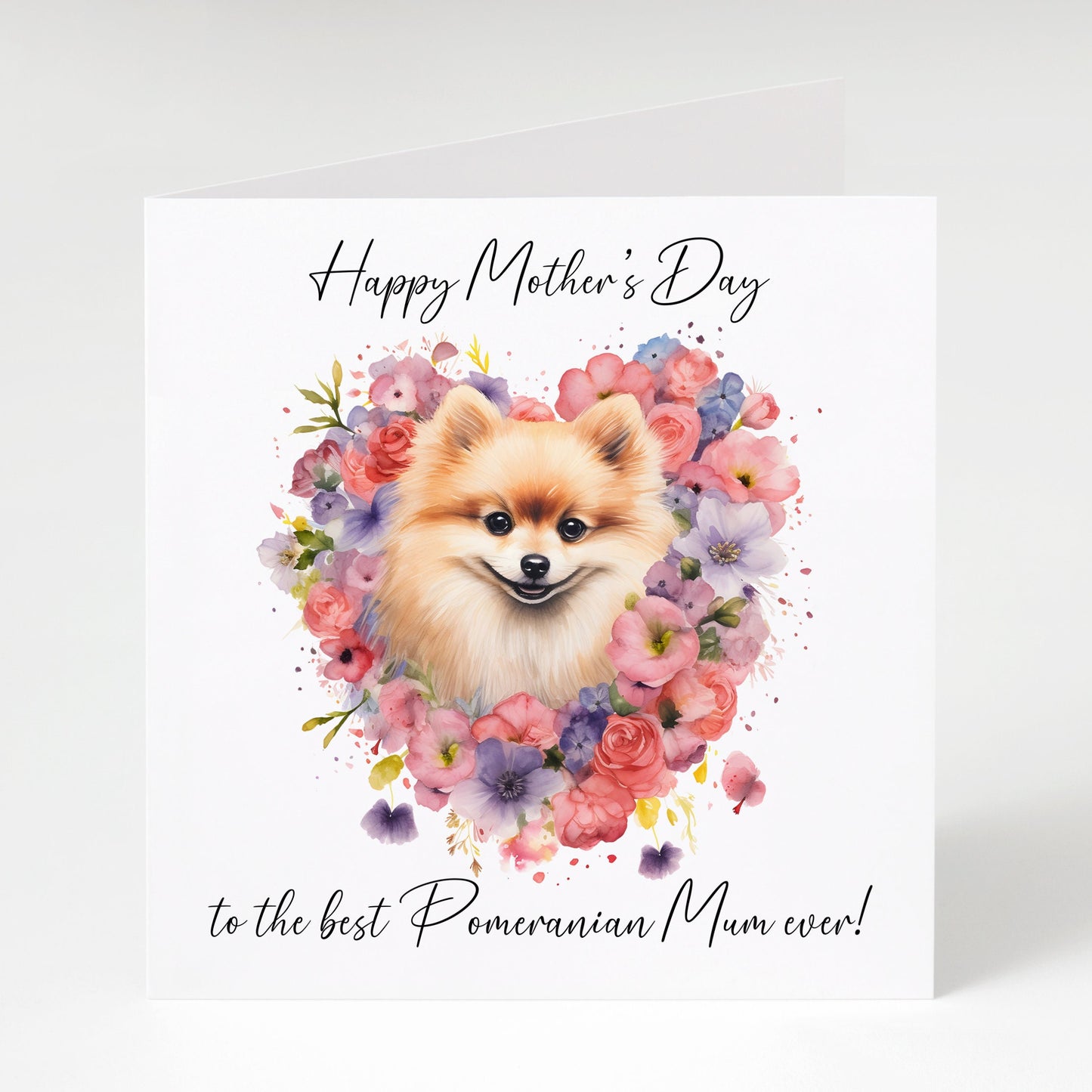 Pomeranian Mother's Day card, Pomeranian Mum, Pomeranian with heart flowers.