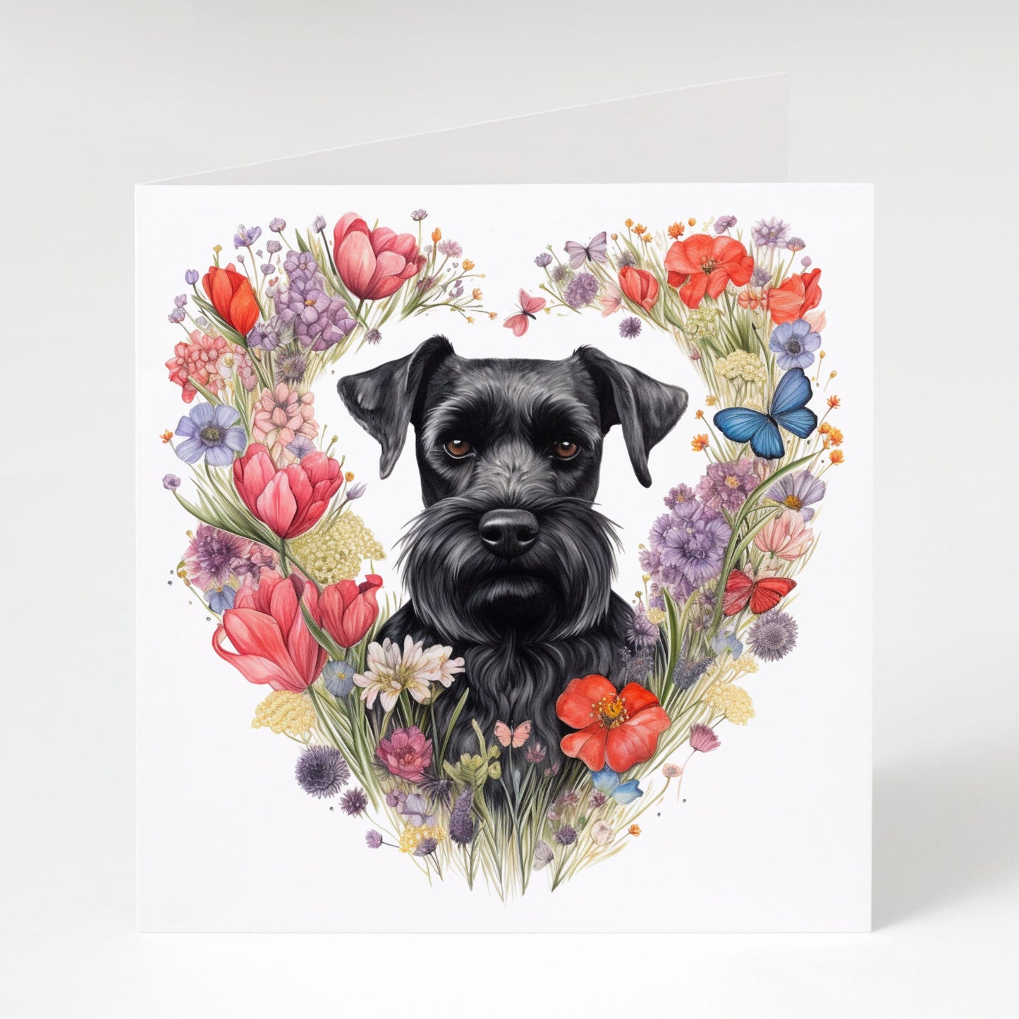 Schnauzer card, Mothers day, Birthday, Schnauzer Mum, Black Schnauzer with heart flowers, blank inside so can be used for any occasion.