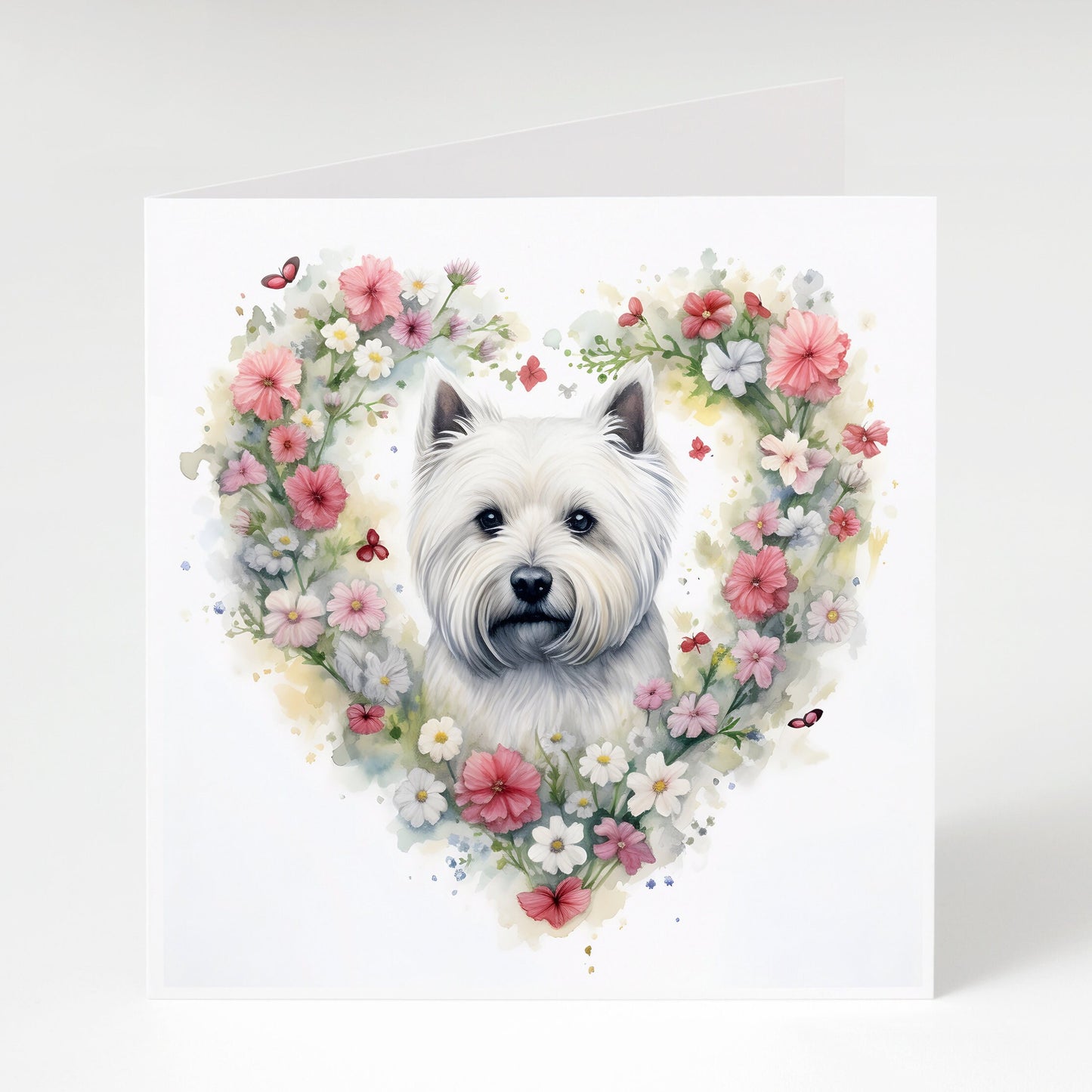 Westie card, Mother's Day card, Birthday card, Westie Mum, West Highland White Terrier with heart flowers.