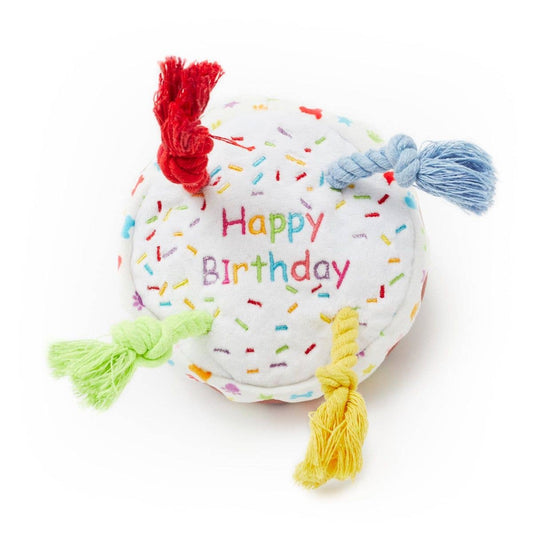 Happy Birthday Cake Plush dog toy with rope candles - small