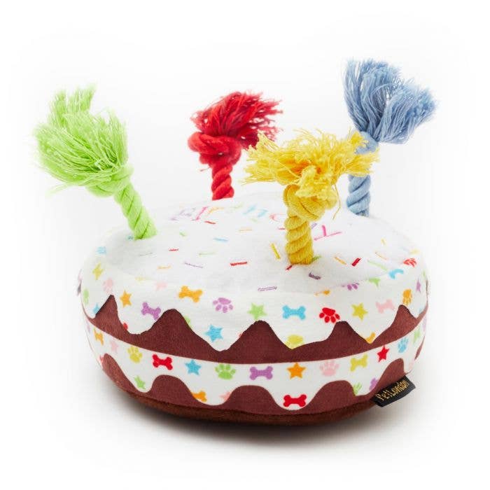 Happy Birthday Cake Plush dog toy with rope candles - small