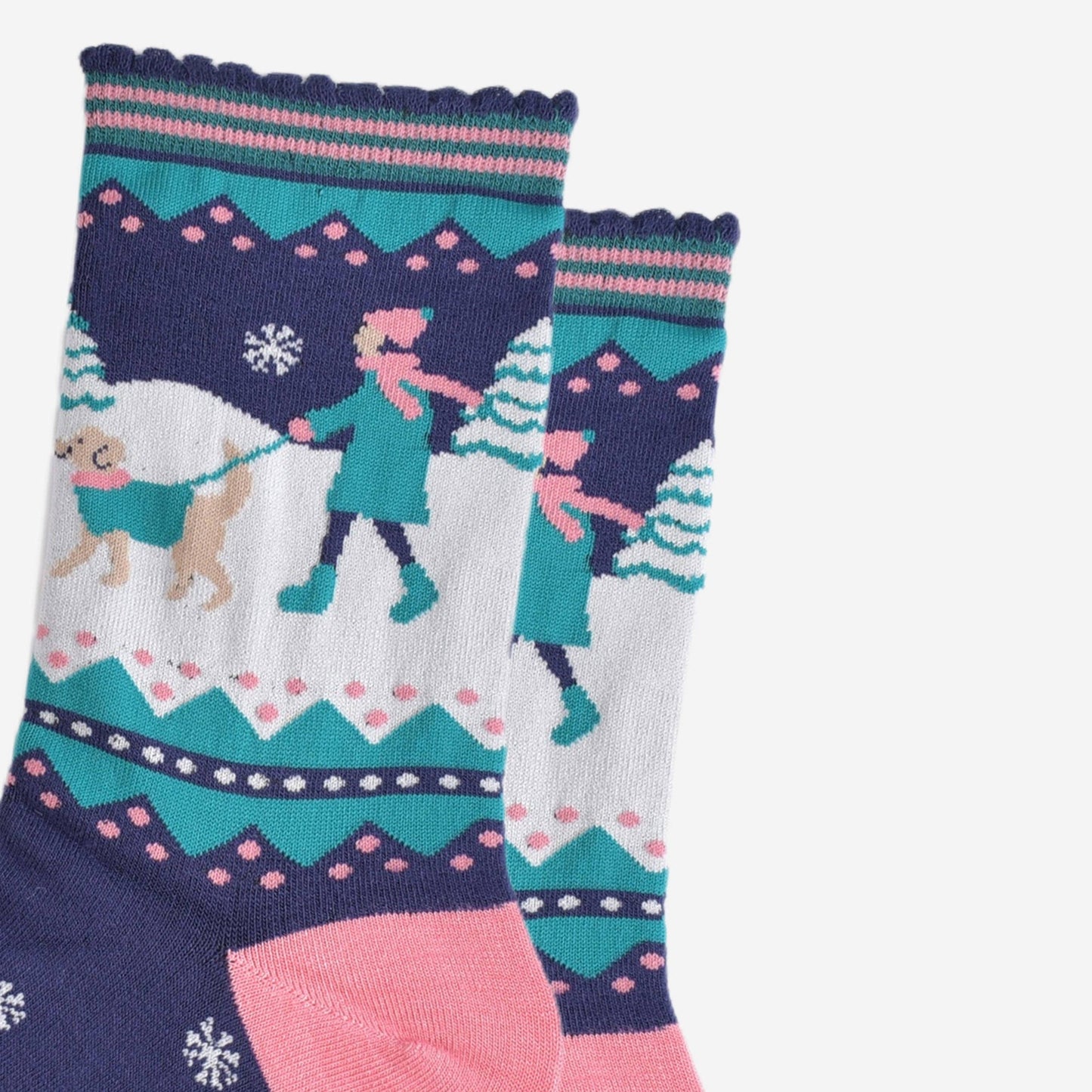 Sock Talk Women's Golden Retriever Walk Bamboo Socks - Navy Blue / Pink