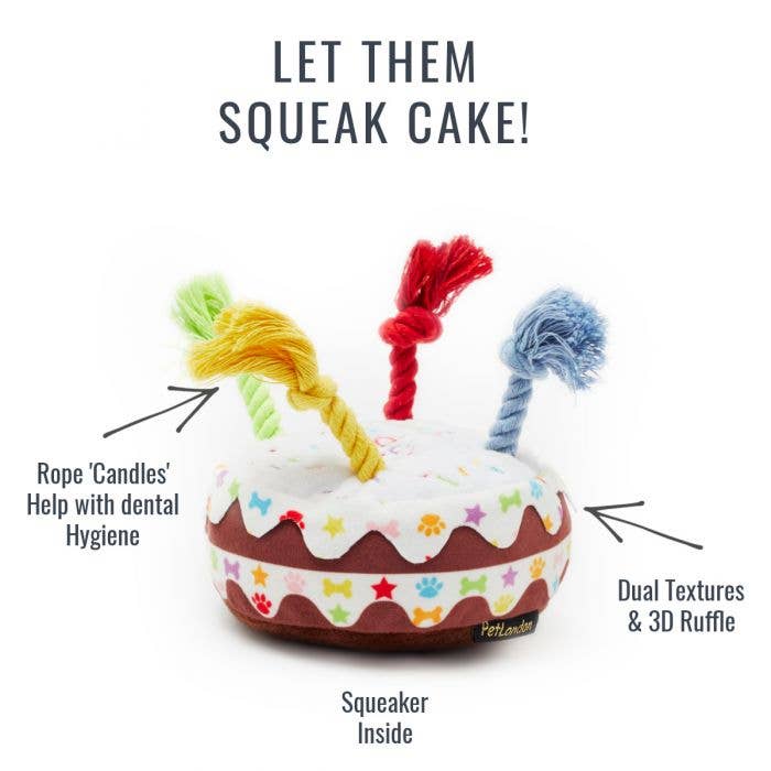 Happy Birthday Cake Plush dog toy with rope candles - small