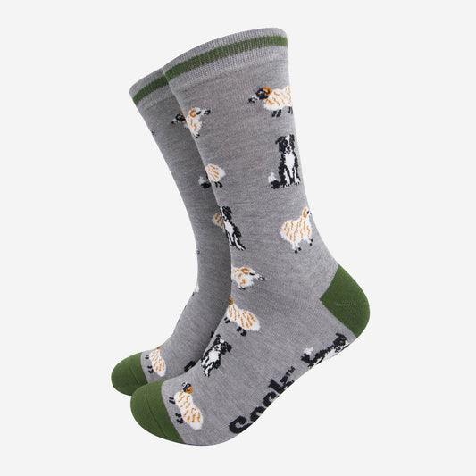 Men's Sheep and Sheep Dog Bamboo Socks - Grey Marl / Green