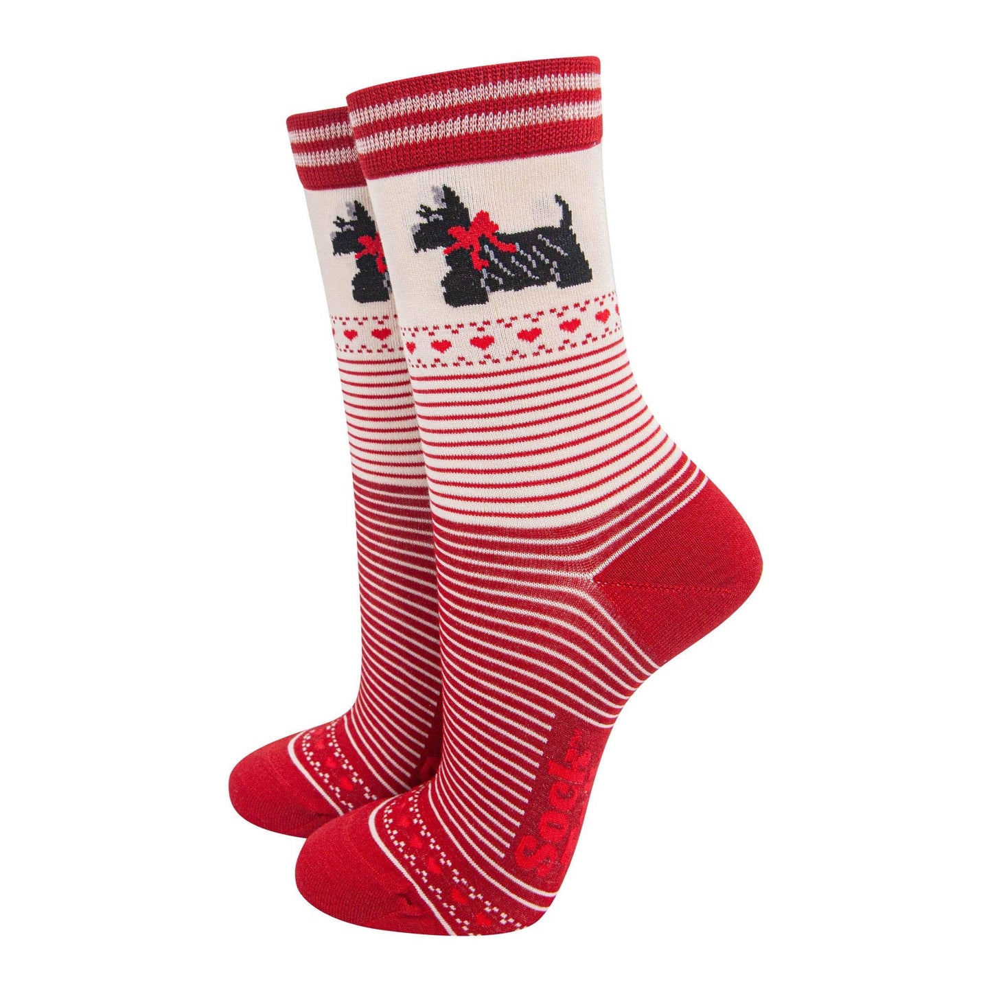 women's Sock talk socks with black scotte dog and red stripes for ladies