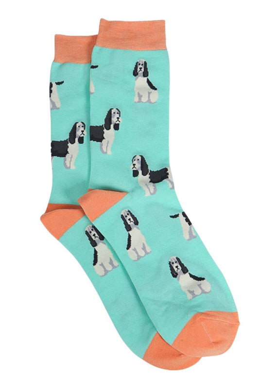 Teal socks with dog pattern and orange accents on a white background