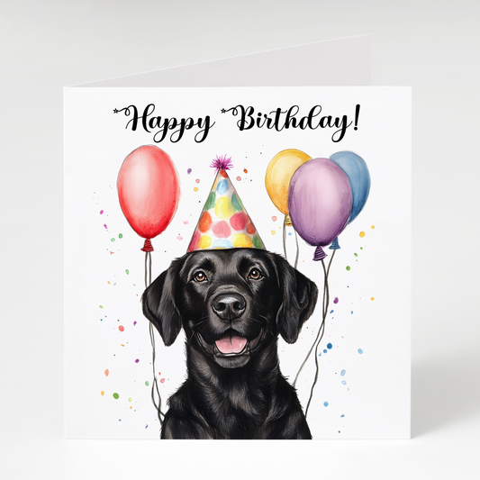 Cute black Labrador with balloons birthday greeting card for dog lovers and Labrador owners