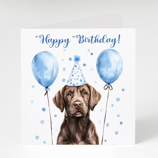 Brown Labrador with Balloons Birthday Card