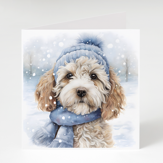 Illustrated Cockapoo dog in the snow on Christmas card pack of 5