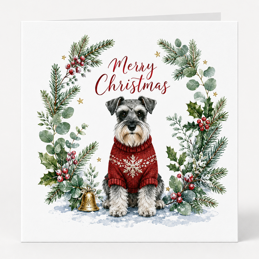 Folded Schnauzer Christmas card featuring a grey Schnauzer in a red snowflake jumper surrounded by festive winter foliage.