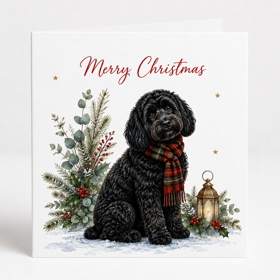 A square Christmas greeting card featuring a black cockapoo dog wearing a red and green plaid scarf, seated in snow with evergreen branches, red berries, and a lantern. The words 'Merry Christmas' appear in red script at the top.