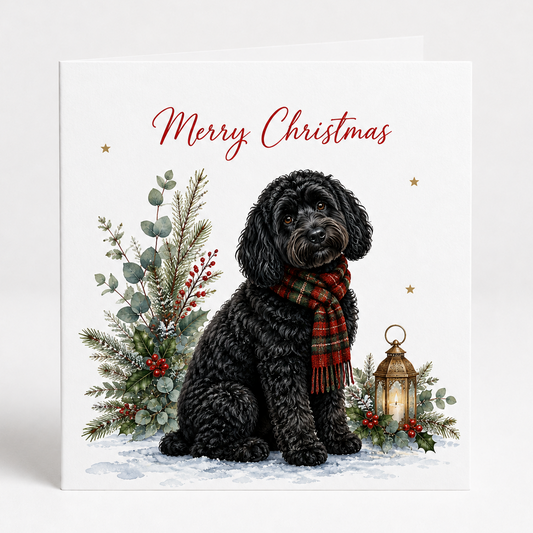 A square Christmas greeting card featuring a black cockapoo dog wearing a red and green plaid scarf, seated in snow with evergreen branches, red berries, and a lantern. The words 'Merry Christmas' appear in red script at the top.