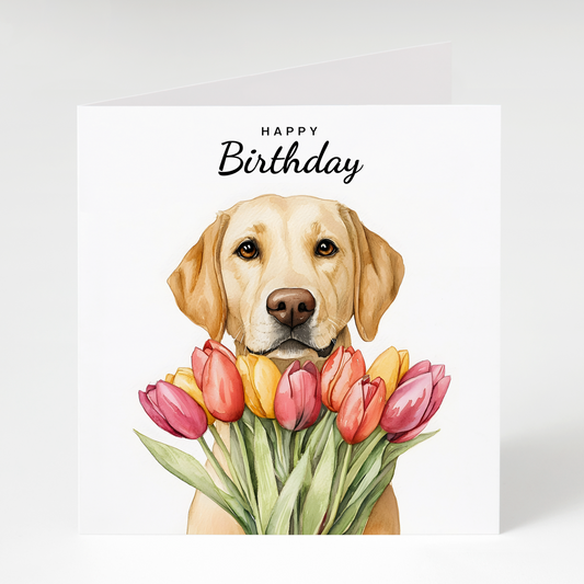 Labrador with Tulips Birthday Card