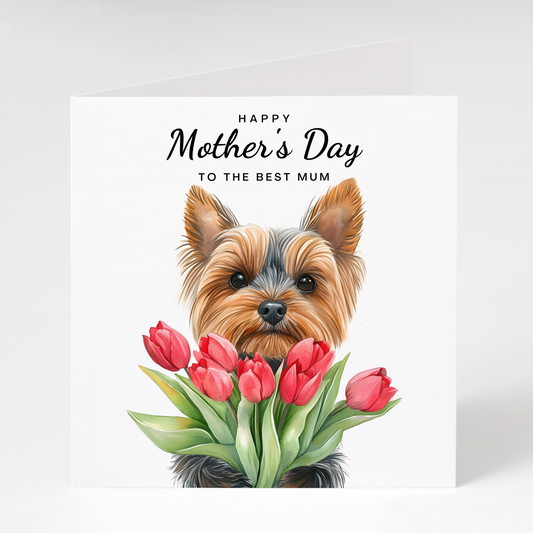Greeting card with a Yorkshire terrier dog holding flowers and 'Happy Mother's Day to the best mum' text on a white background.