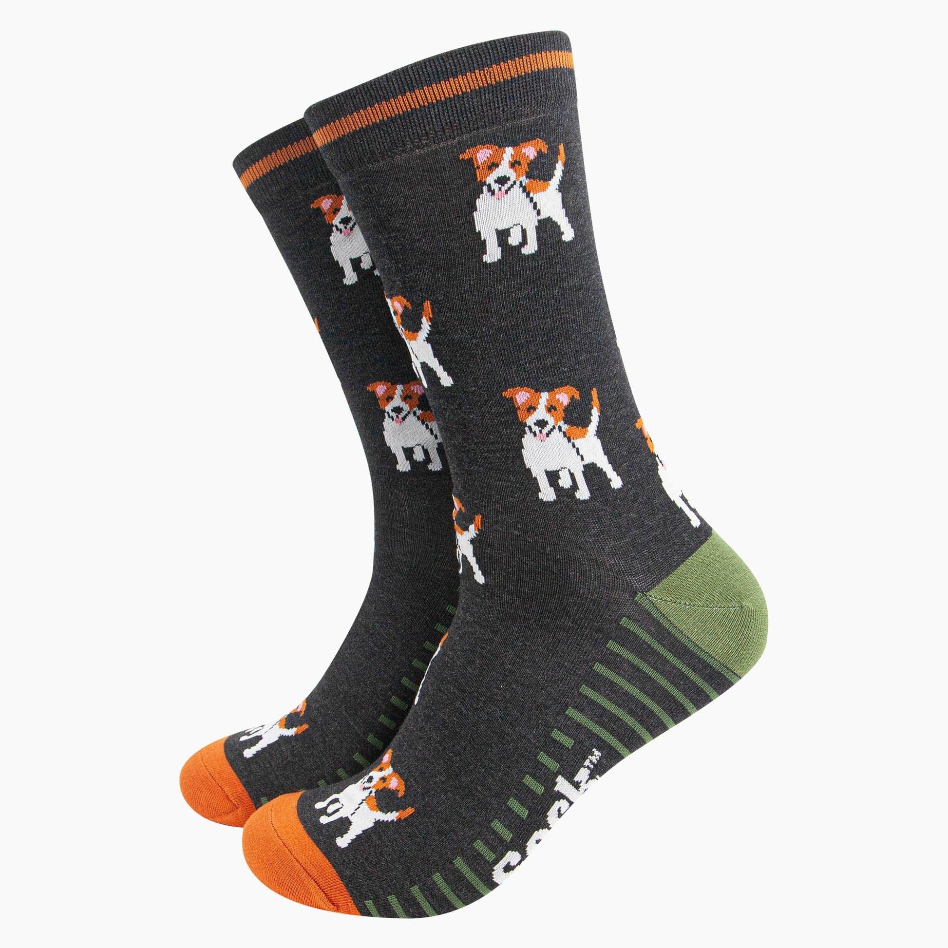 Gray socks with Jack Russell dog pattern on a white background