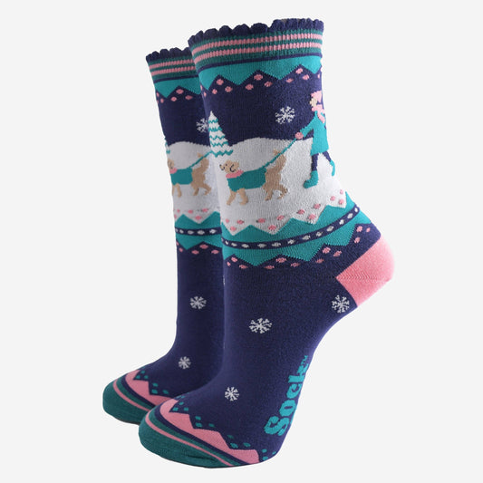 Sock talk golden retriever being taken on a winter walk navy women's socks