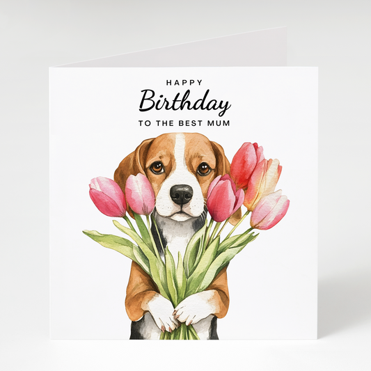 Beagle Birthday Card with Tulips for Mum