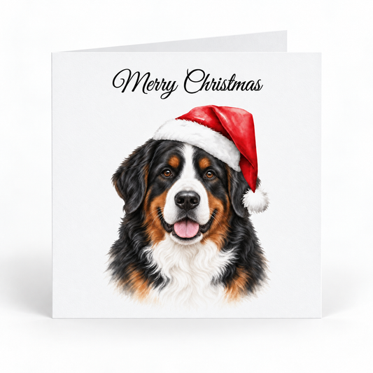 A square white Christmas greeting card with the words 'Merry Christmas' in black script at the top and a painted Bernese mountain dog wearing a red Santa hat on the front, shown against a light gray background.