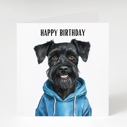 Black Schnauzer wearing a hoodie on a birthday greeting card for dog lovers.