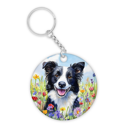 Black and White Border Collie with Wildflowers Keyring