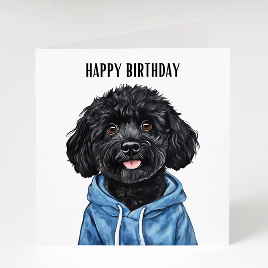 Cute Black Cockapoo wearing a hoodie on a colourful birthday card, perfect for Black Cockapoo owners, dog lovers, and birthday celebrations.
