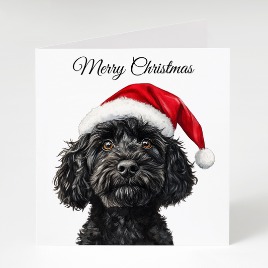 Black cockapoo dog wearing a Santa hat with 'Merry Christmas' text on a white background