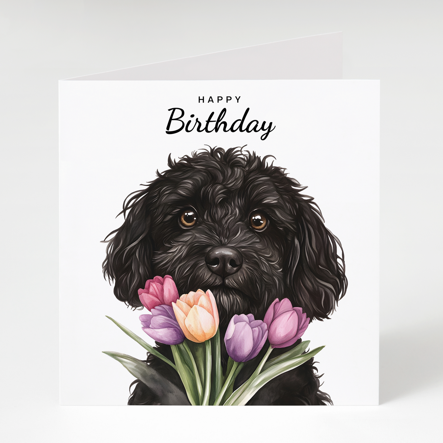 Black Cockapoo with Tulips Birthday Card