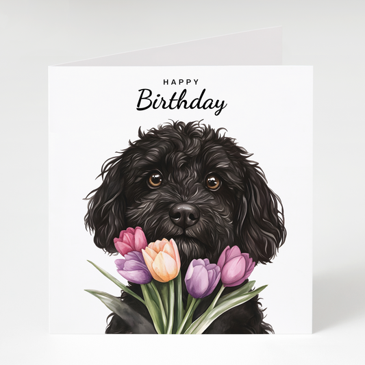 Black Cockapoo with Tulips Birthday Card