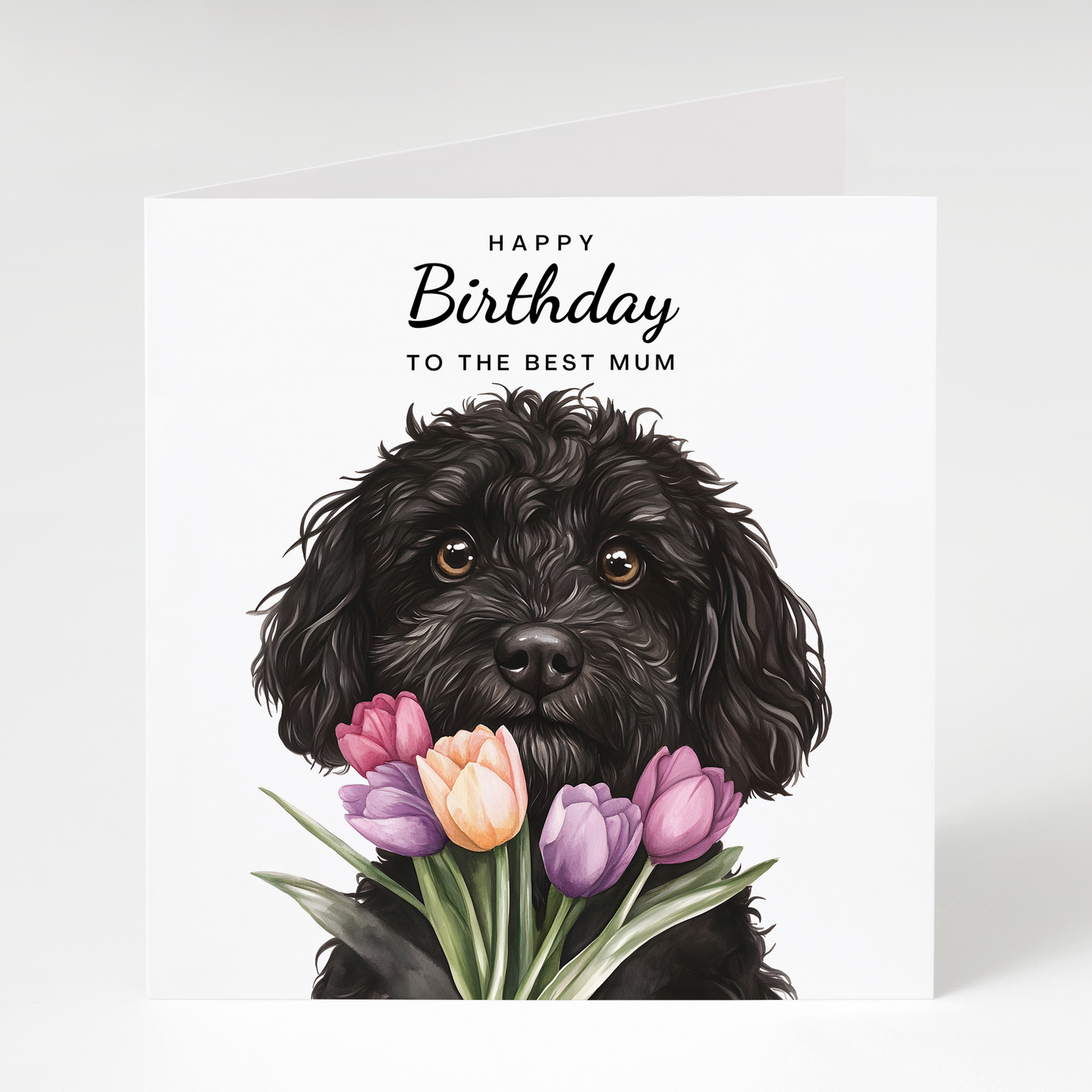 Black Cockapoo with Tulips Birthday Card for Mum