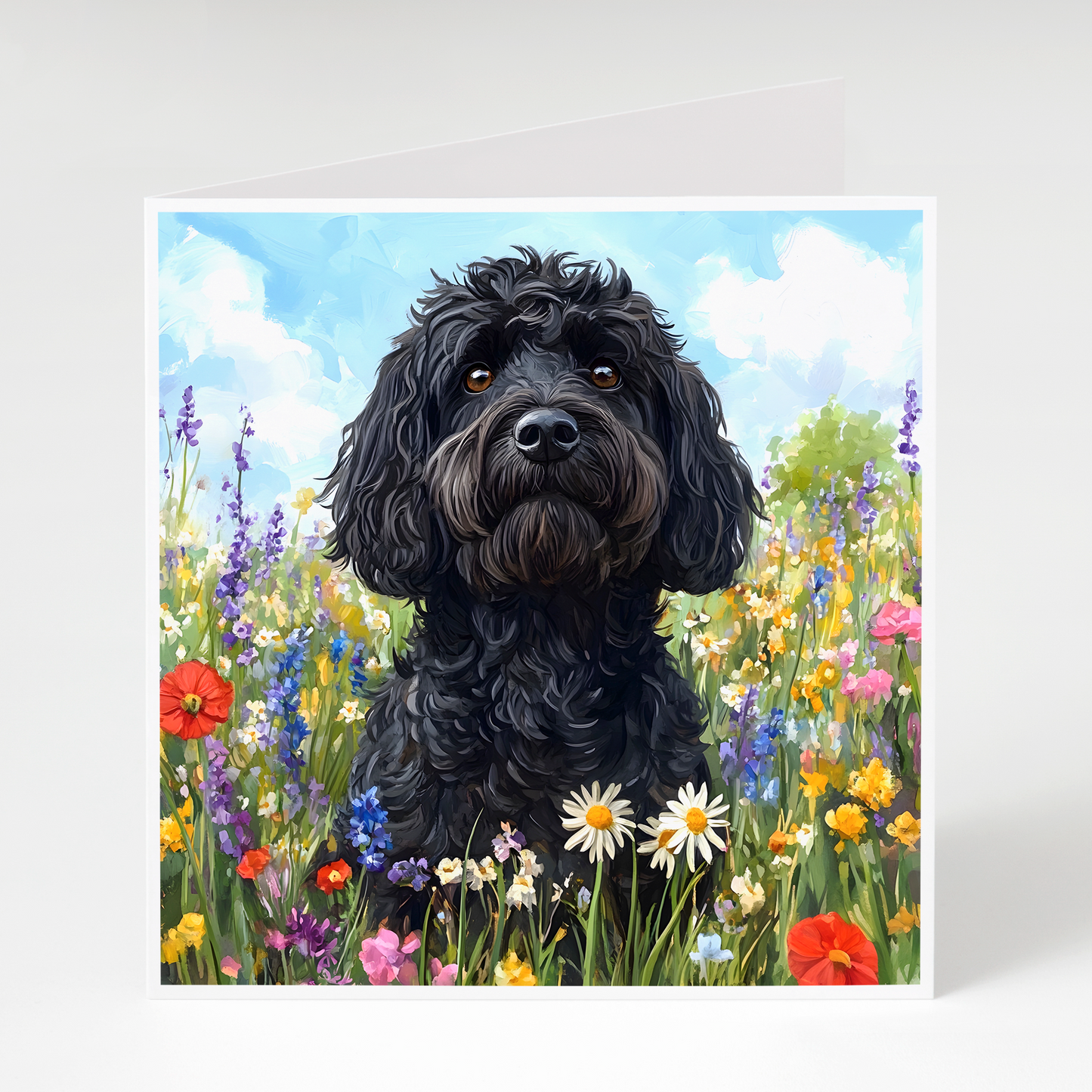 Black Cockapoo with Wildflowers Card