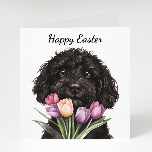 Black Cockapoo with Tulips Easter Card