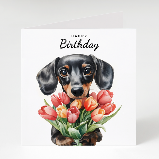 dachshund birthday card featuring a Black and Tan sausage dog holding a bunch of tulips