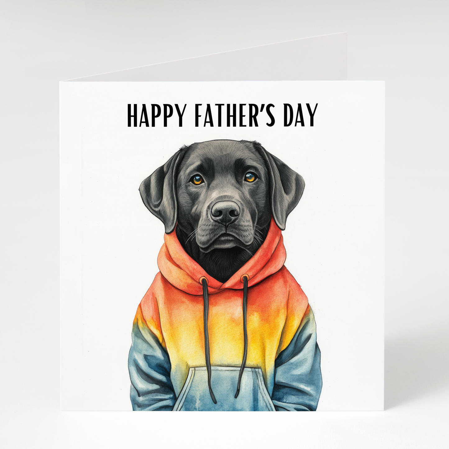 Black Labrador wearing hoodie Father’s Day greeting card for dog dads and Labrador lovers