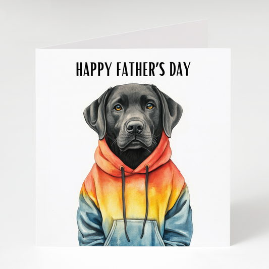 Black Labrador wearing hoodie Father’s Day greeting card for dog dads and Labrador lovers